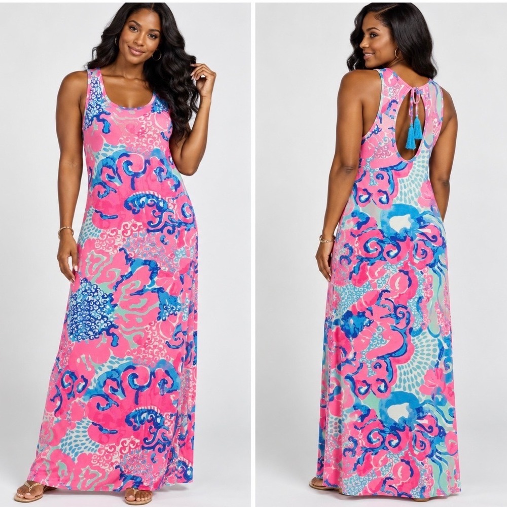 Lilly Pulitzer Maxi Dress Womens Coral Slub Cotton Sleeveless